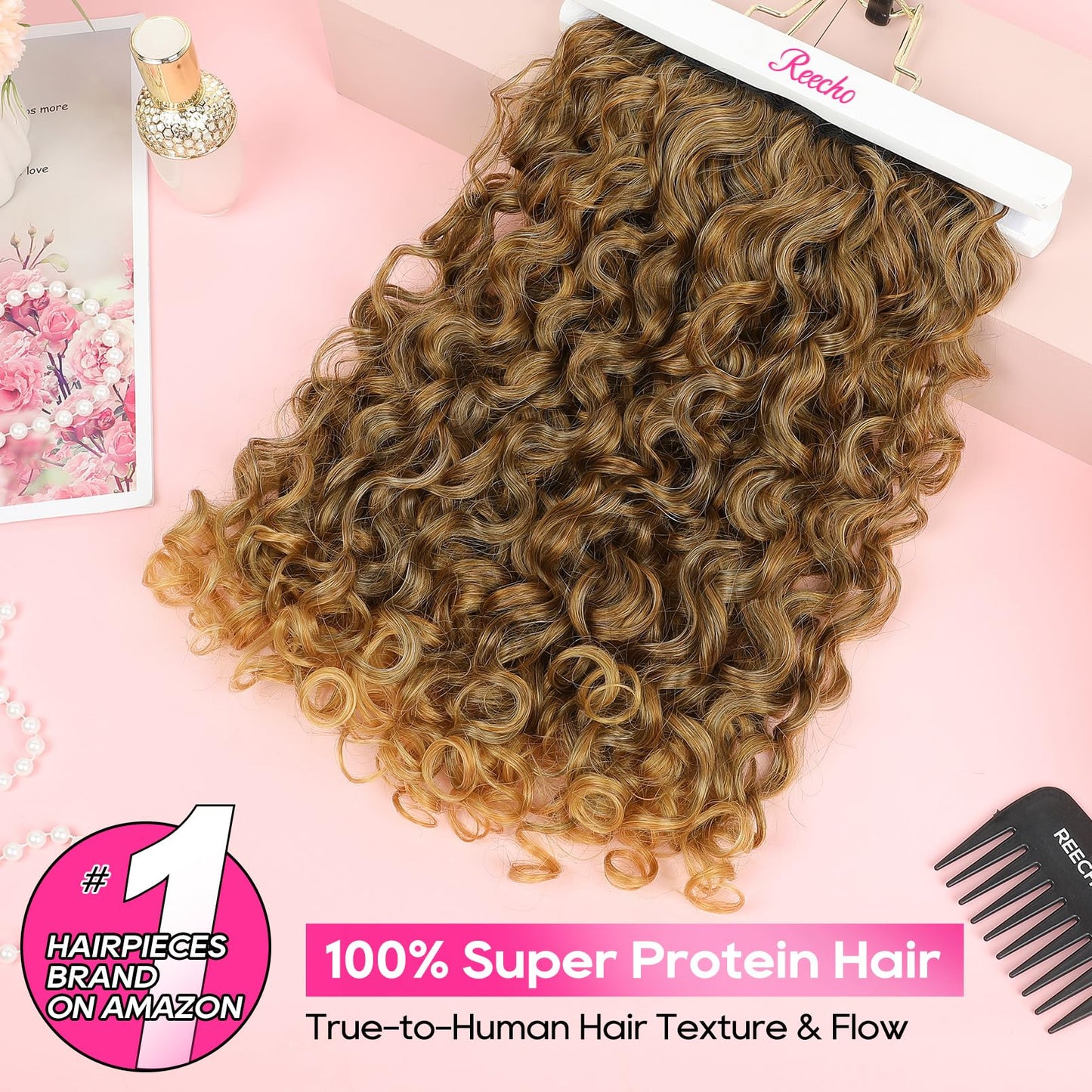 REECHO Clip in Hair Extensions - 4PCS 18" GoGo Curly Hair Extensions 100% Super Protein Hairpieces with Invisible Lace Weft Silky Soft Natural Look for Women - Mocha Foil with Lighter Ends