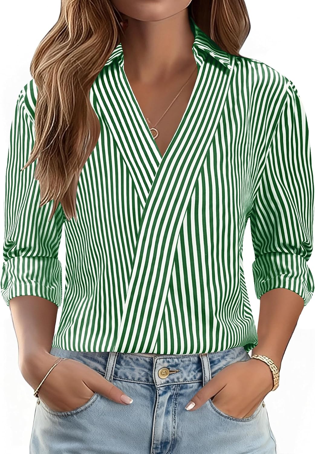 3/4 Length Sleeve Women's Dressy V-Neck Collared Tops - Trendy Business Casual Blouses for Work & Vacation