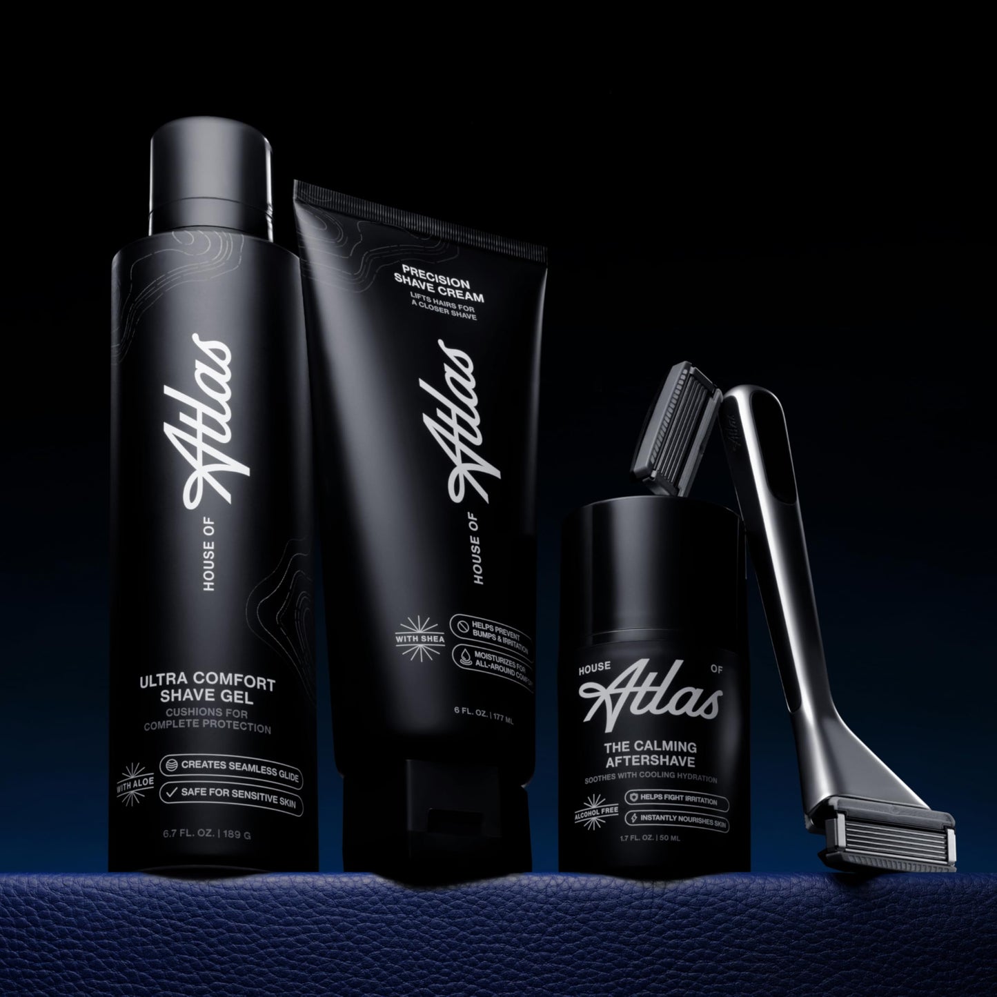 House of Atlas, Razors for Men - Mens Razors for Shaving with Handle, 2 Razor Blade Refills, & Shower Hook, Precision Trim Edge, Smooth Close Shave, Reusable Razor for Men, Gunmetal
