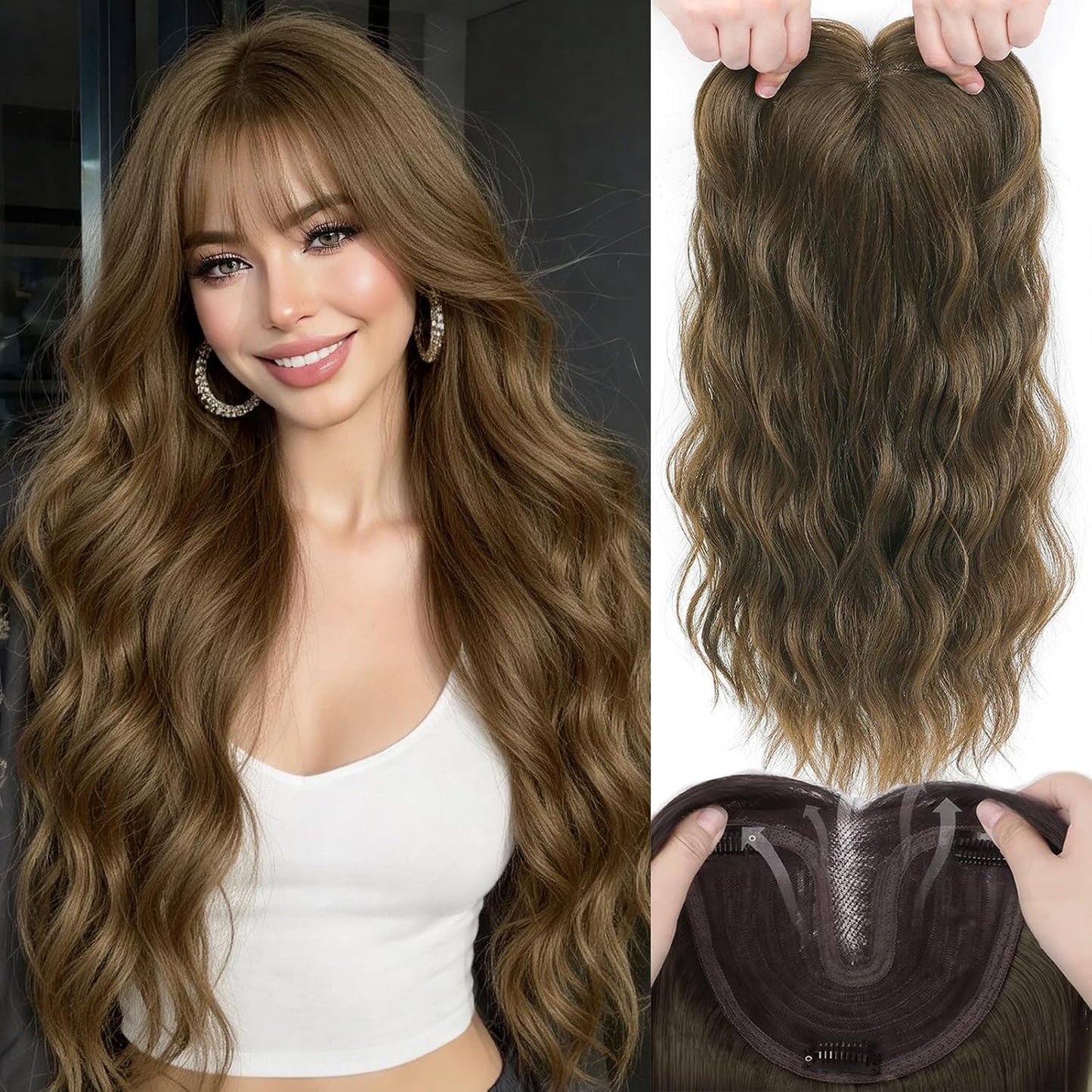16 Inch Hair Topper for Women - Synthetic Curly Wavy Clip-In with Curtain Bangs | Natural Crown Coverage in Chestnut Brown
