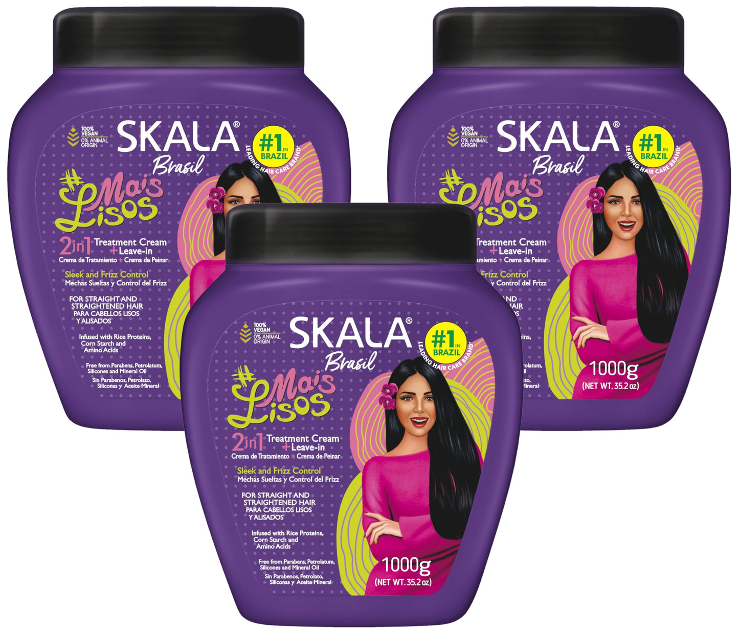 SKALA #Mais Lisos 2 in 1 Treatment Cream & Leave In Conditioner for Straight or Frizz-Prone Hair, Vegan Hair Mask with Rice Protein, Deep Hydration Mask, Softening & Smoothing Care, 1000 g (Pack of 3)