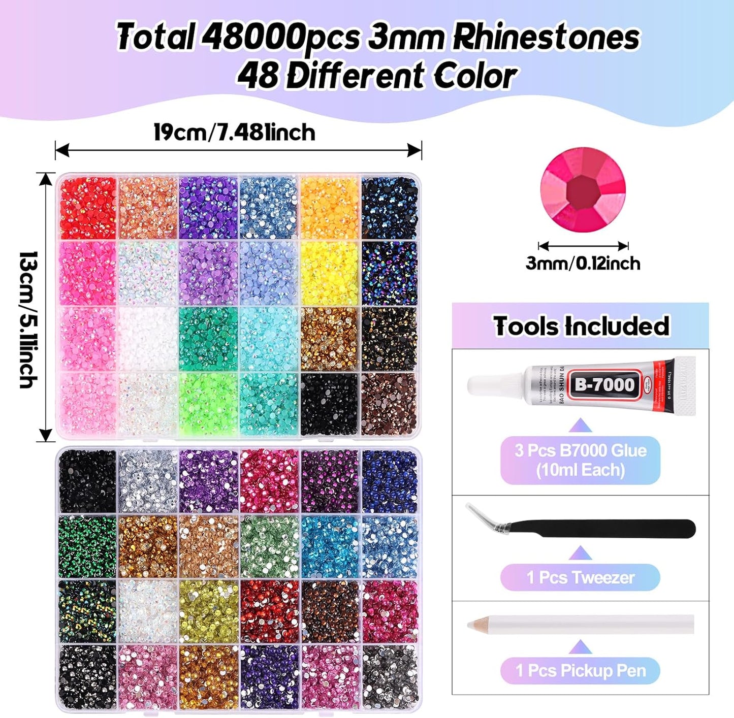 Resin Jelly Rhinestones - 48,000 Pcs 3mm Flatback Gems for DIY Crafting | 48 Colors with Glue, Tweezers & Pick-Up Pen