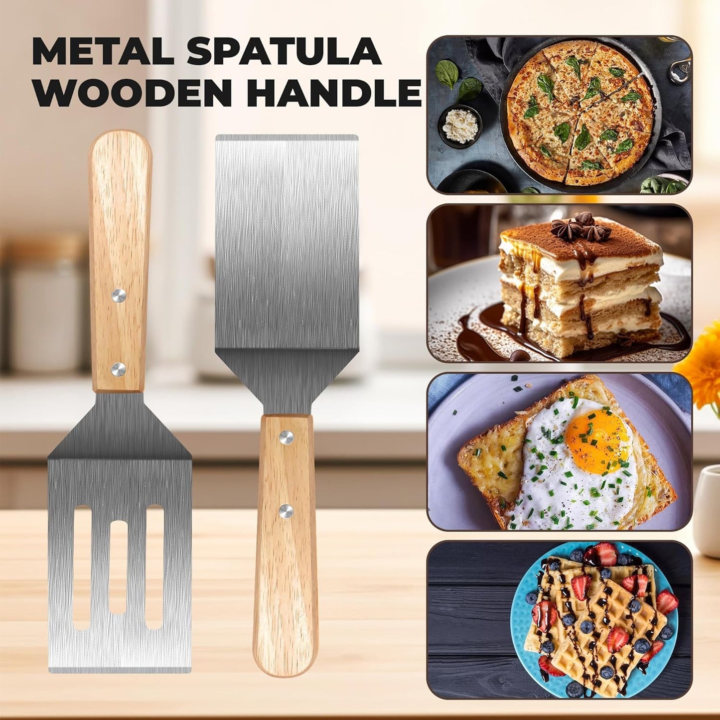 Stainless Steel Spatula Set - 2 Metal Spatulas with Wooden Handles for Cast Iron | Ideal for Frying Steak, Pancakes & More