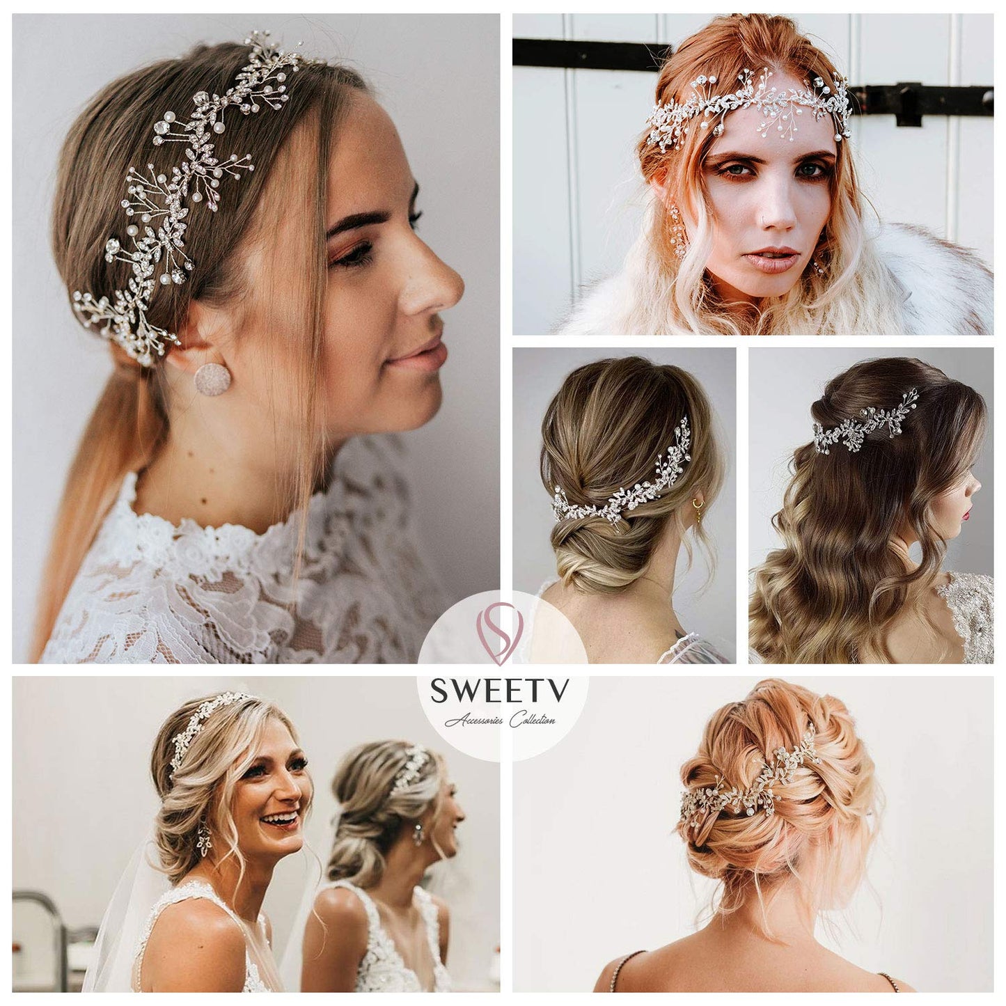 SWEETV Crystal Bridal Headpiece Silver Wedding Headband for Brides Pearl Hair Vine Rhinestone Hair Accessories for Women