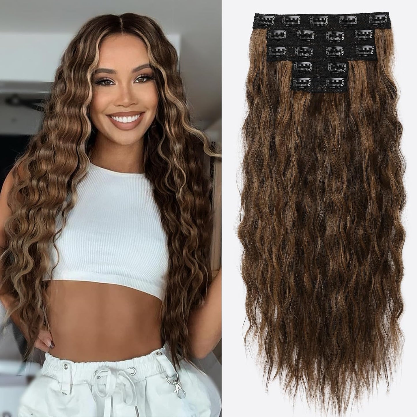 Clip In Hair Extensions - 24" Thick Long Loose Waves | Invisible Lace Weft, Natural Soft Hairpieces - Chocolate Brown with Blonde Highlights
