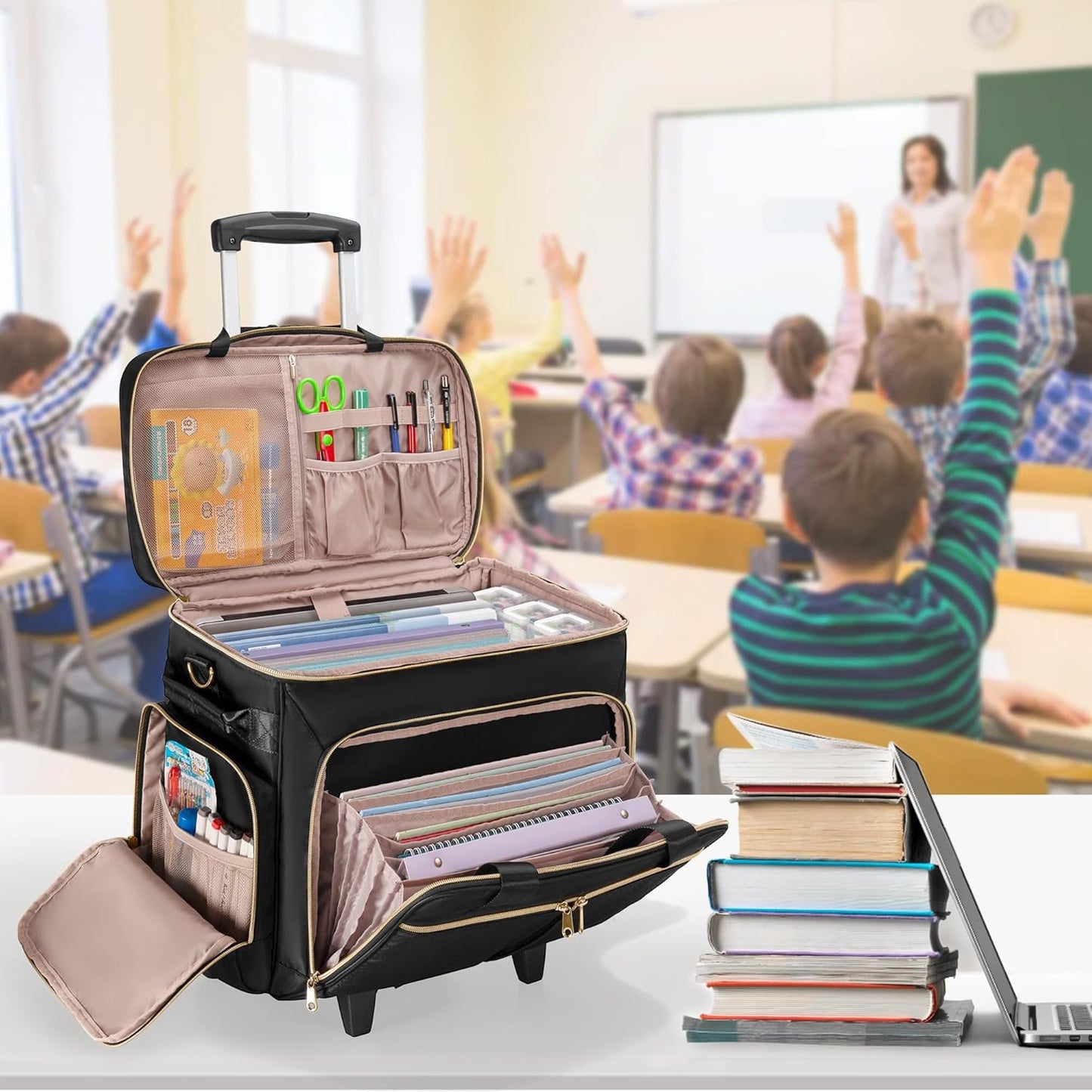 Rolling Teacher Bag with Wheels - Detachable Trolley Tote for 15.6" Laptops | Stylish & Functional