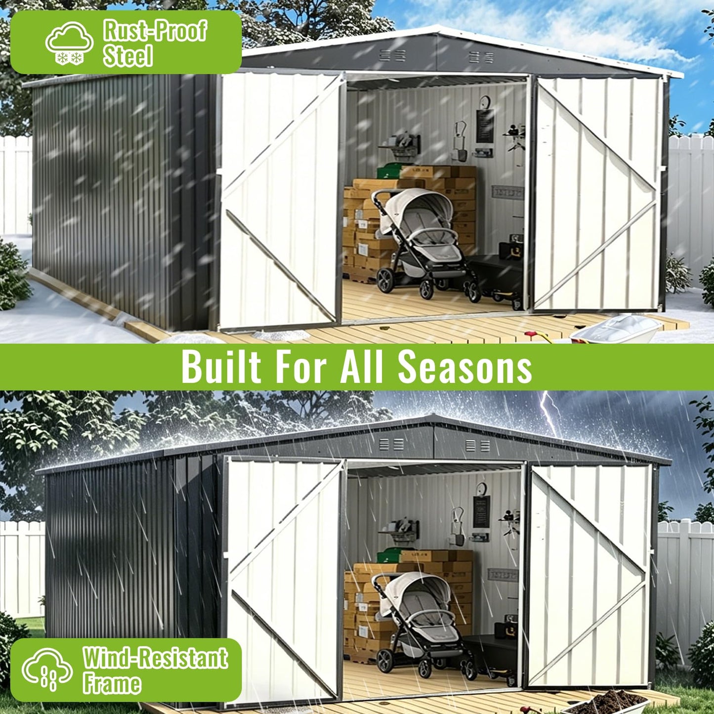 MNLR 10x14 FT Large Metal Storage Shed, Waterproof Outdoor Tool Shed with Lockable Double Hinged Door, Reinforced Frame Structure, Sloped Roof & Vents for Lawn Mower, Bikes & Patio Gear