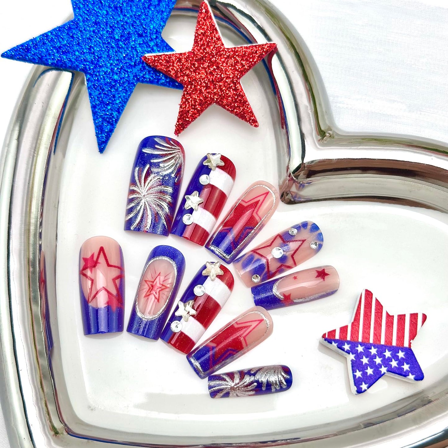 24 PCS 4th of July Press-On Nails | Medium Square Blue French Tip with Red Star Designs for Independence Day