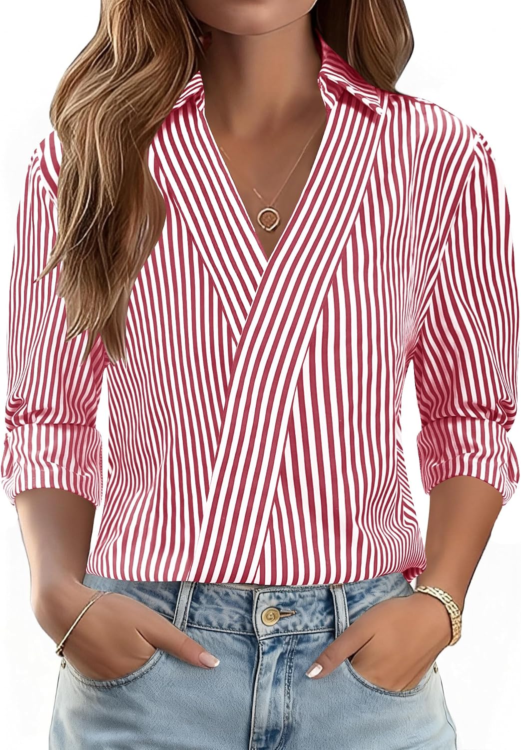 3/4 Length Sleeve Women's Dressy V-Neck Collared Tops - Trendy Business Casual Blouses for Work & Vacation