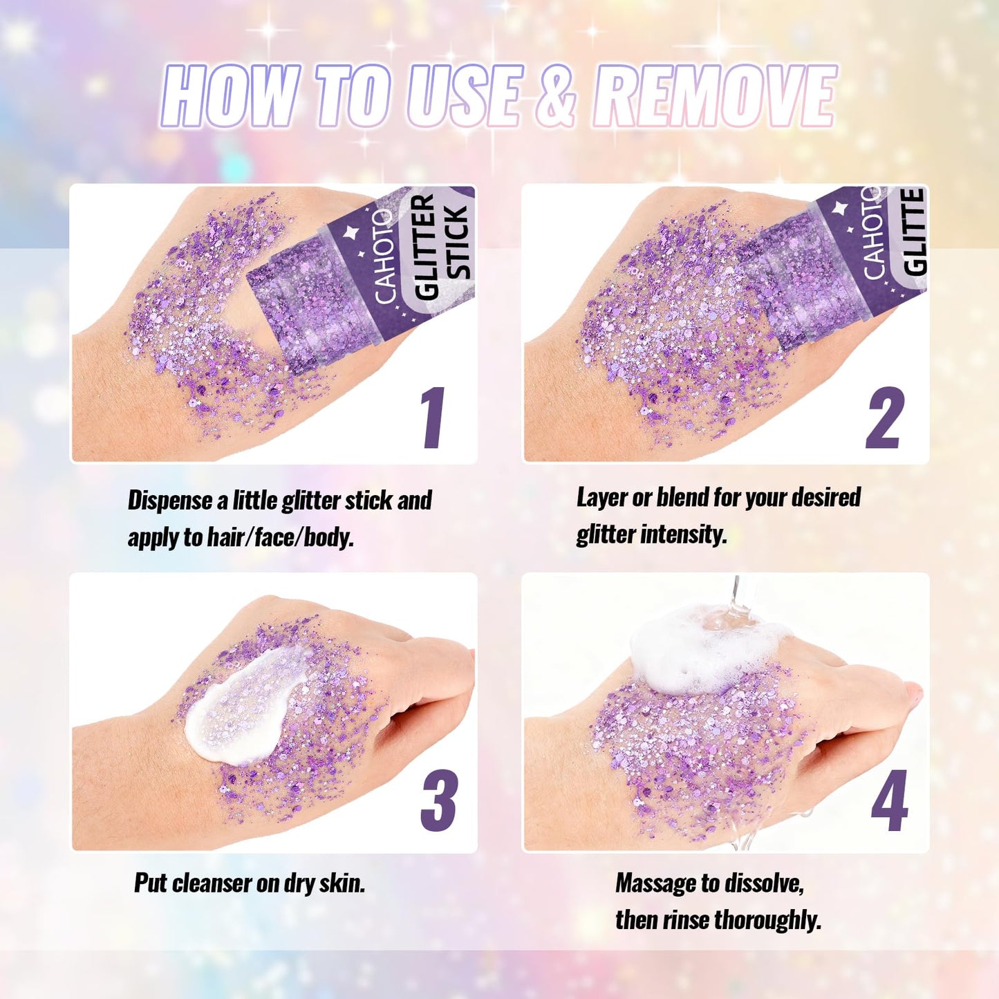 CAHOTO Violet Face Body & Hair Glitter Stick for Singer Concerts Outfit, Purple Shimmer Stick Gel for Women, Sparkling Holographic Chunky Sequins for Halloween Rave Festival Carnival Mermaid, 0.56oz