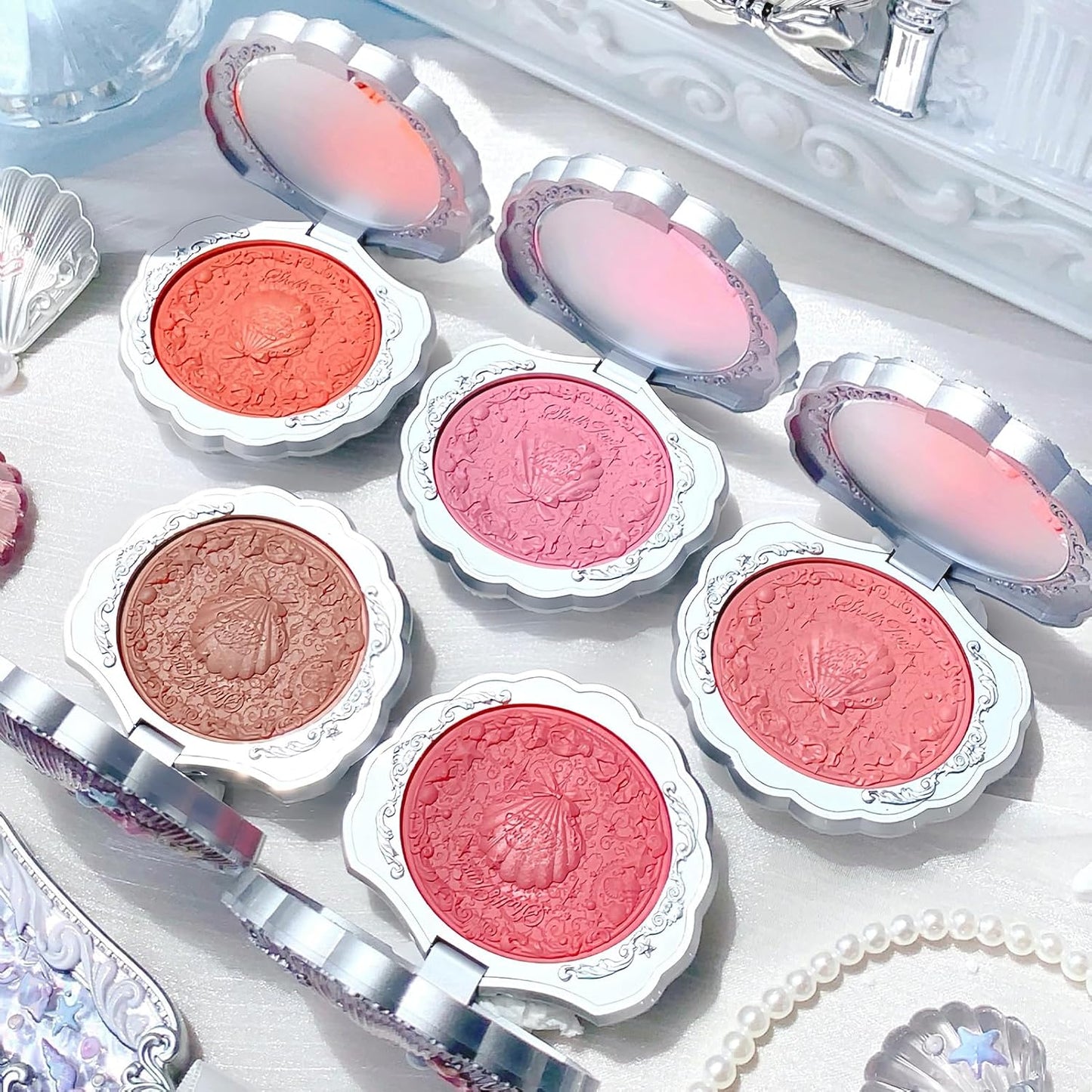 Silk Satin Blush - Shimmery Peach Pink Powder for Cheeks | Buildable, Long-Lasting Makeup, 0.18 Oz (03 Coral Seashell)
