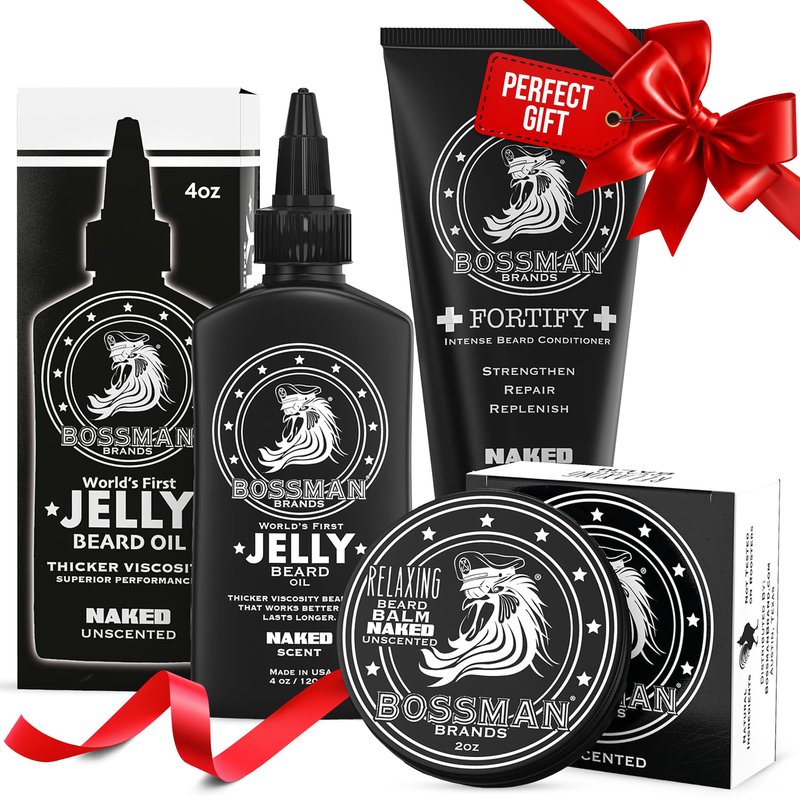 Bossman Essentials Beard Kit for Men, Set of 3 - Beard Oil Jelly, Fortifying Conditioner Cream, Beard Balm - Grooming Growth Care Accessories - Gift Set for Men (Naked - Unscented)