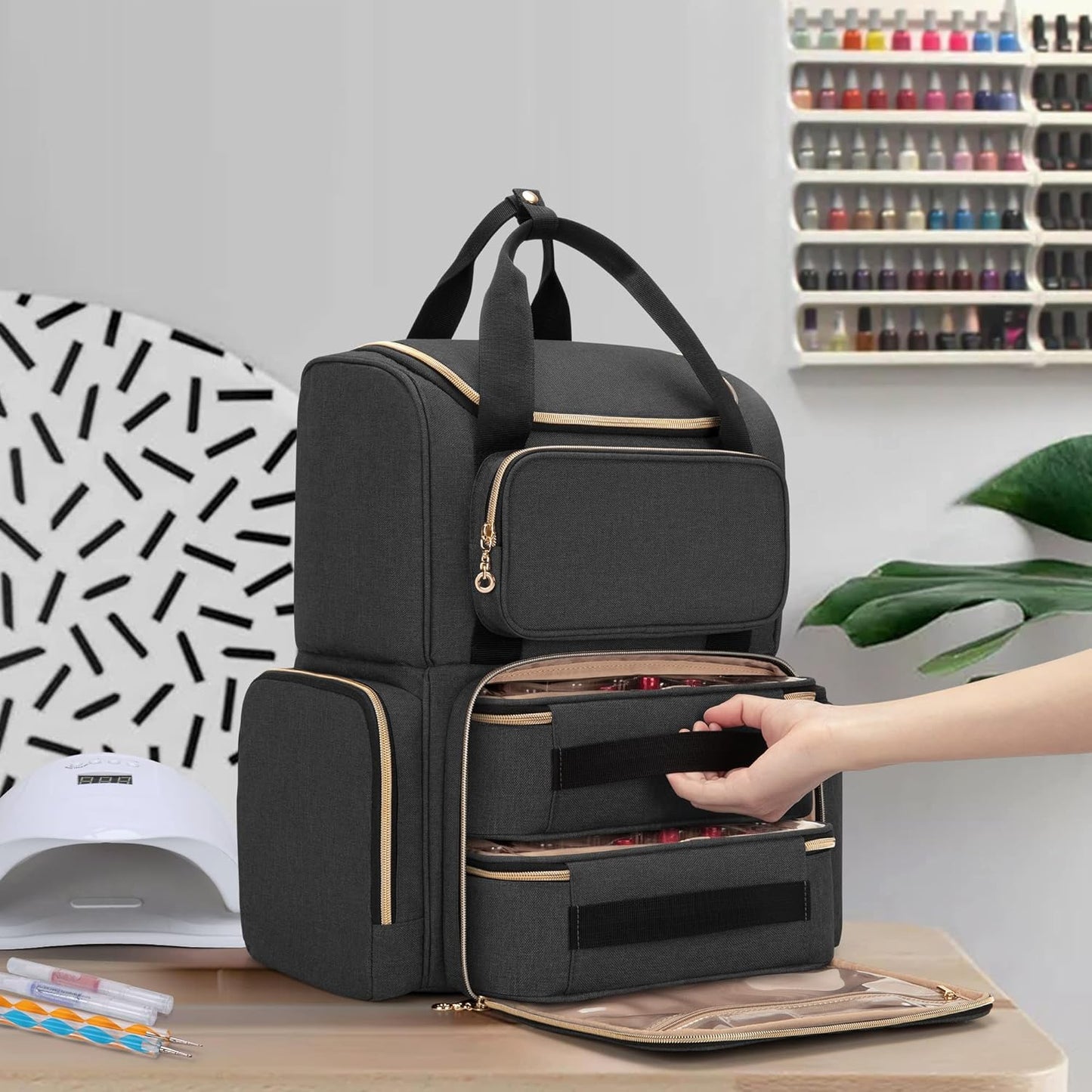 Nail Polish Organizer Backpack - Holds 70 Bottles & Lamp | Travel Bag with Removable Cases & Tool Pockets - Black