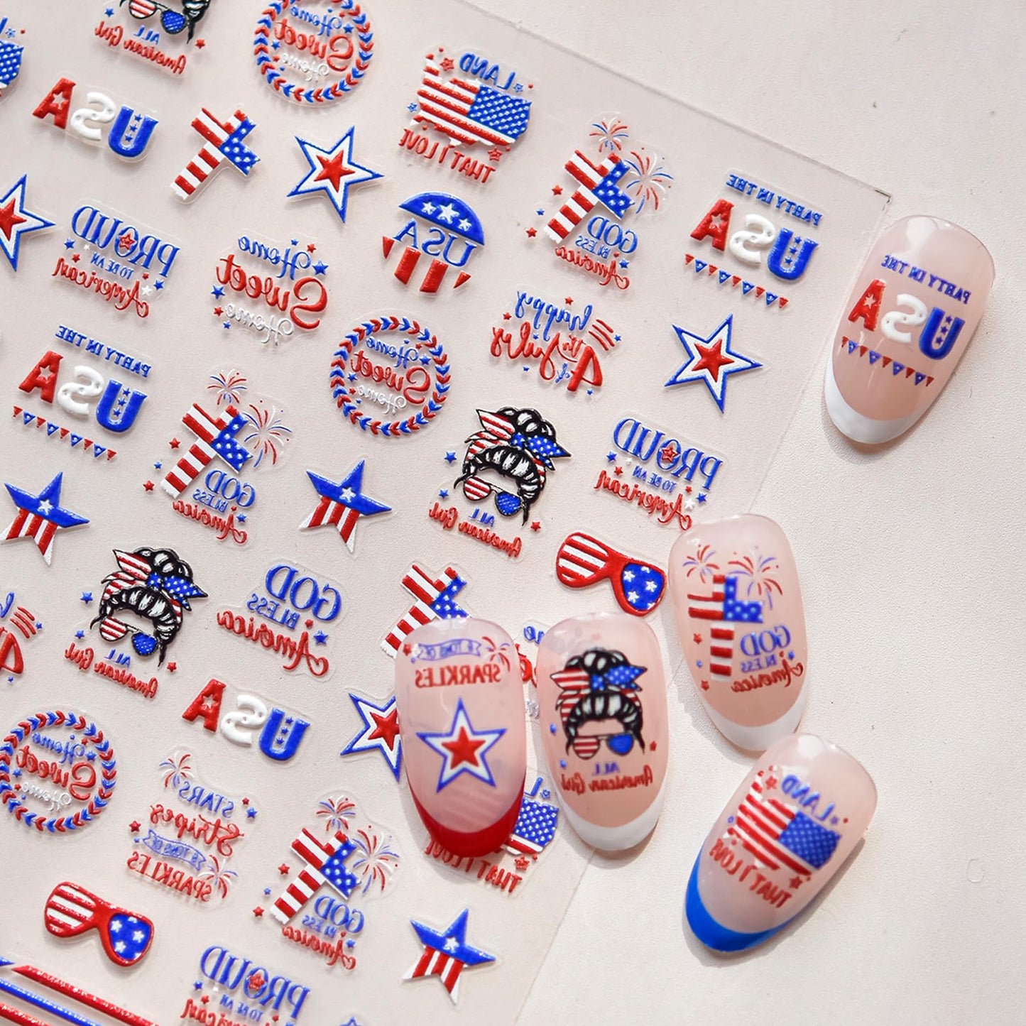 4th of July Nail Stickers 5D Independence Day Nail Art Stickers Embossed Nails Decals Star American Flag Nail Designs Self-Adhesive Nail Art Decals Nails Supplies for Women Girls DIY Manicure