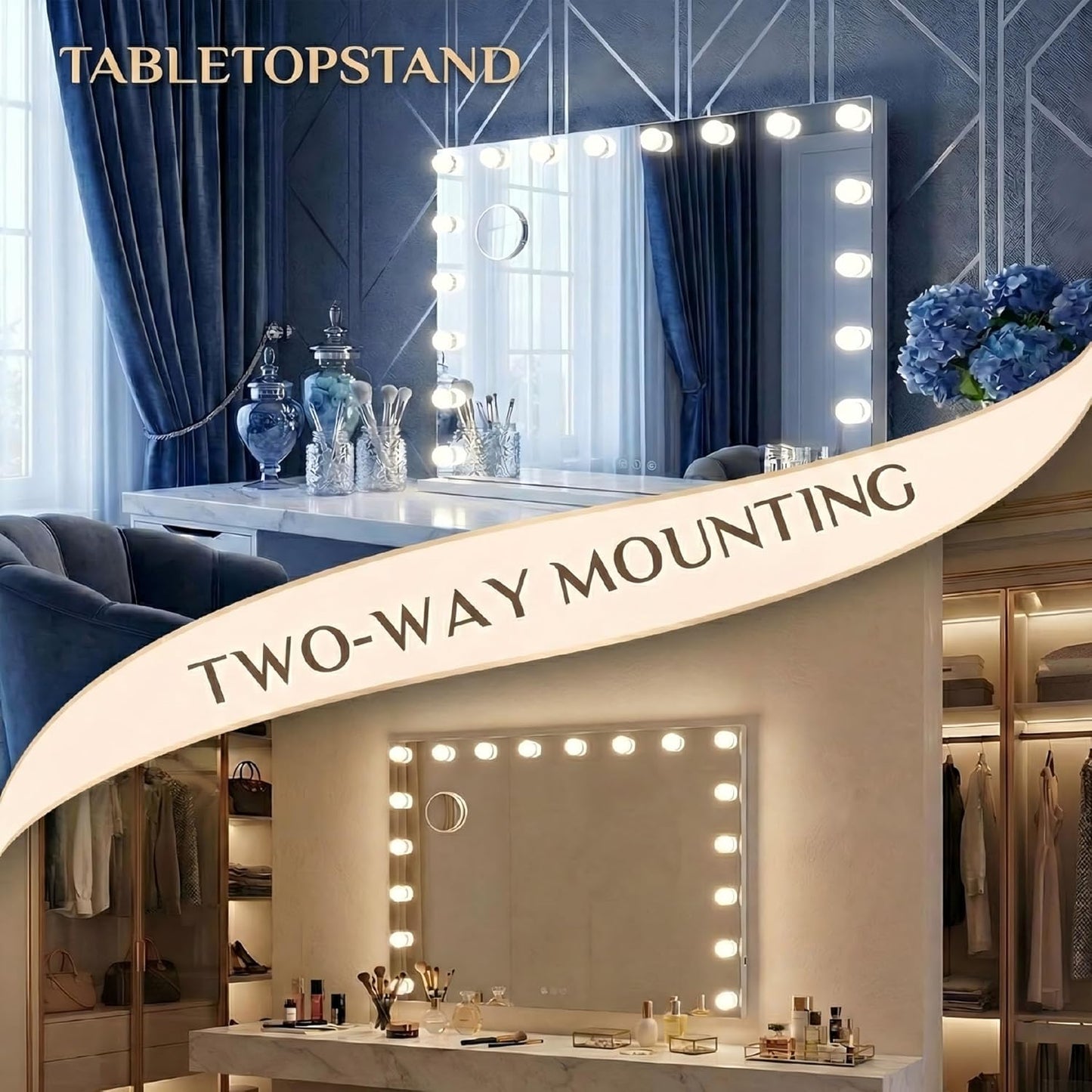 Makeup Vanity Mirror - 15 Dimmable LED Bulbs, 3 Color Lights | 23"x18" Large White Lighted Mirror with 10X Magnifying Feature