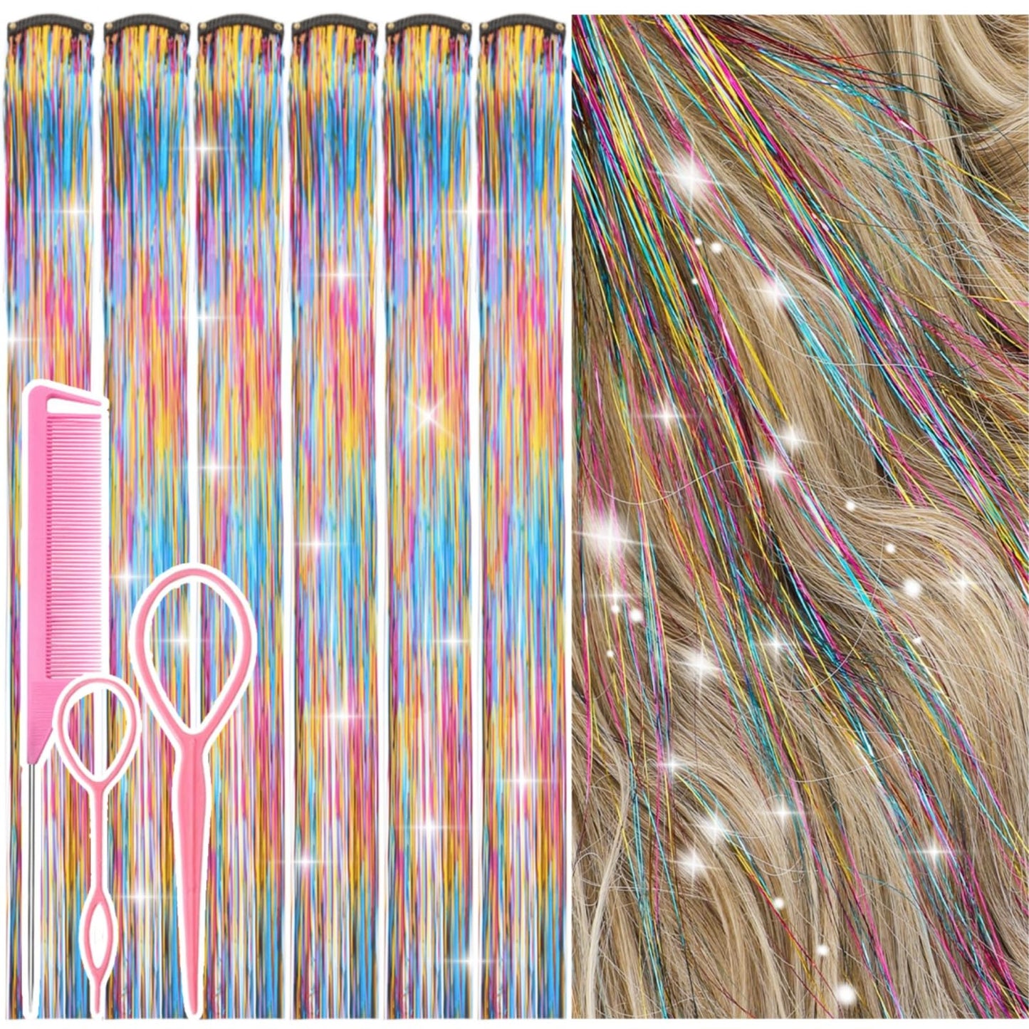 Hair Tinsel Clip in Rainbow Fairy Hair Tinsel Kit, 12 Pcs 24 Inch Glitter Clip in Hair Extensions for Girls Women Kids Christmas New Year Festival Party (Rainbow)