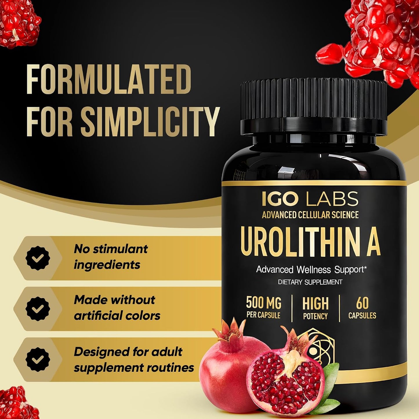 Urolithin A Capsules 500mg | High Purity Dietary Supplement for Daily Wellness - 60 Count