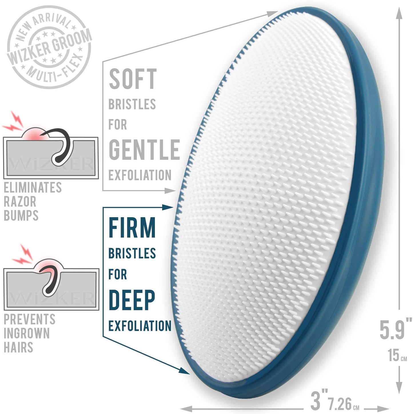 WIZKER Ingrown Hair Brush - 2-in-1 Exfoliating Brush for Razor Bumps, Sensitive Skin - Soft and Firm Bristles, Face Body Scrubber, Waterproof, Mold Resistant - Deep Blue