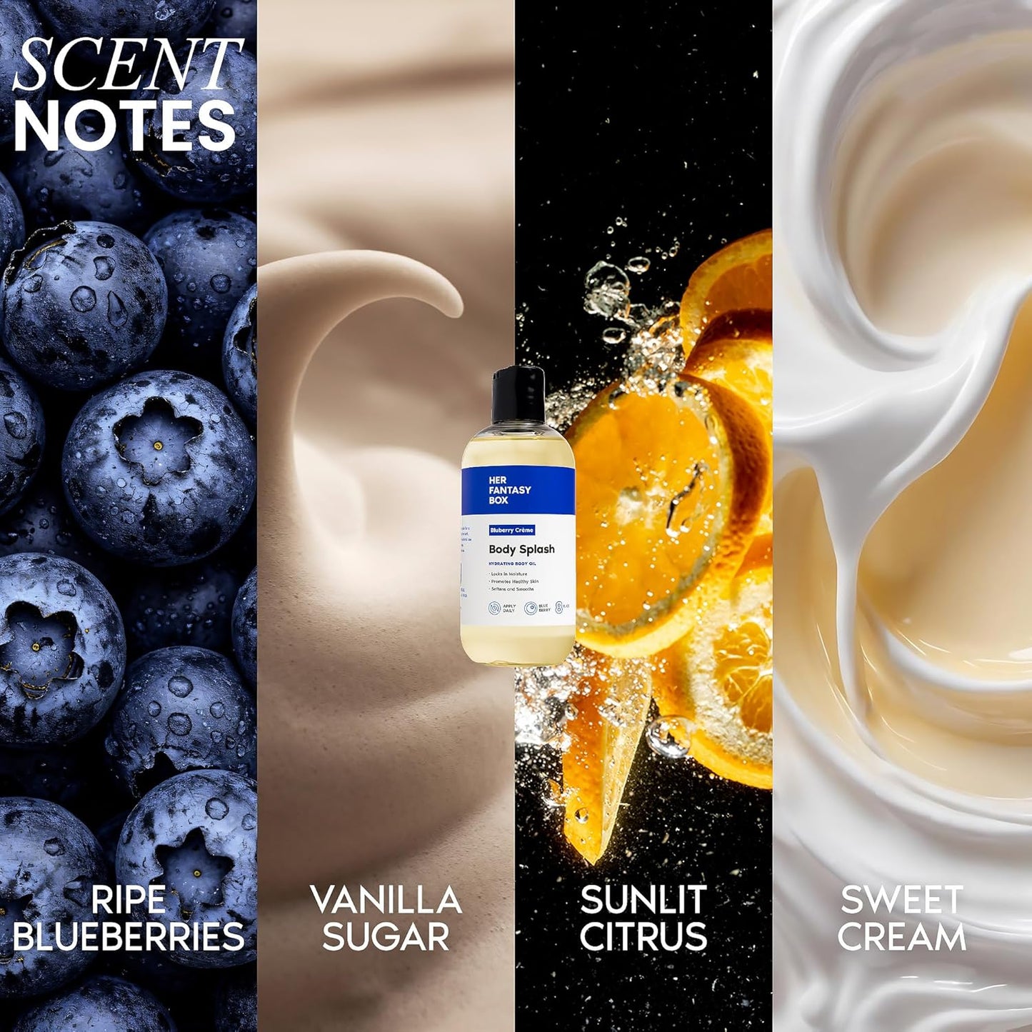Body Splash Blueberry Crème Fragrance Oil - Fruity Vanilla & Citrus Scent, Lightweight Hydrating Vegan Oil