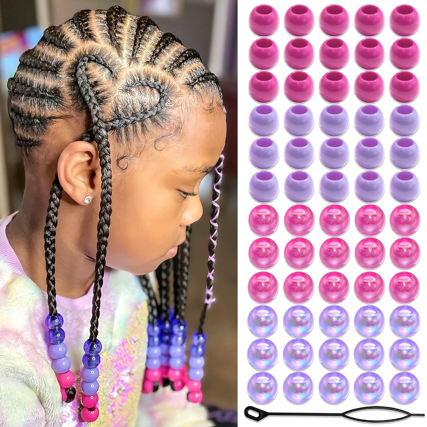 NAISKA 60PCS Purple Hair Beads Round Braids Bead Mermaid Beads for Hair Loc Jewelry Rose Red Hair Bead Dredlock Decor Braids Accessories