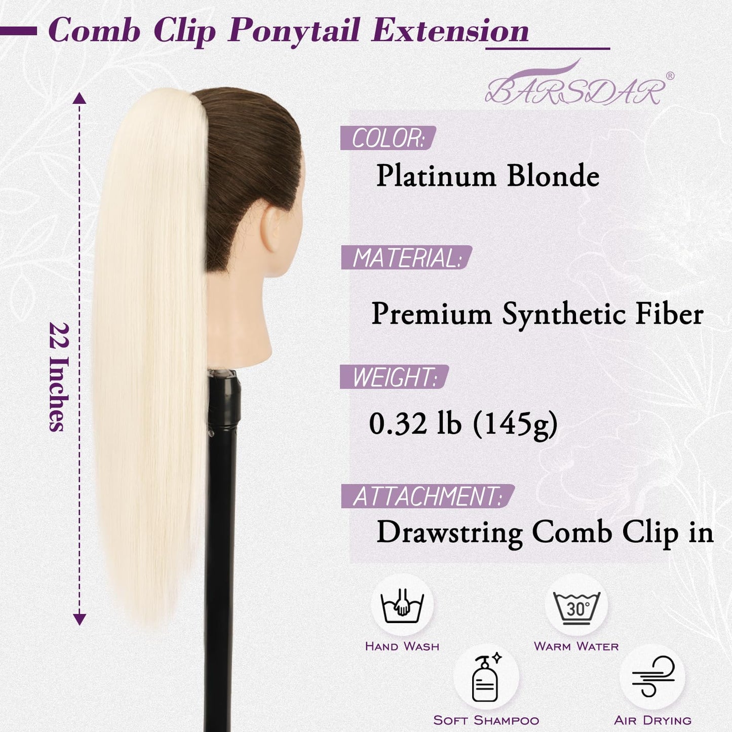 BARSDAR Platinum Blonde Straight Drawstring Ponytail Extension - 22 Inch Long Straight Drawstring Ponytail Extension Natural Looking Soft Synthetic Cheer Posh Pony Tails Hairpieces Daily Party