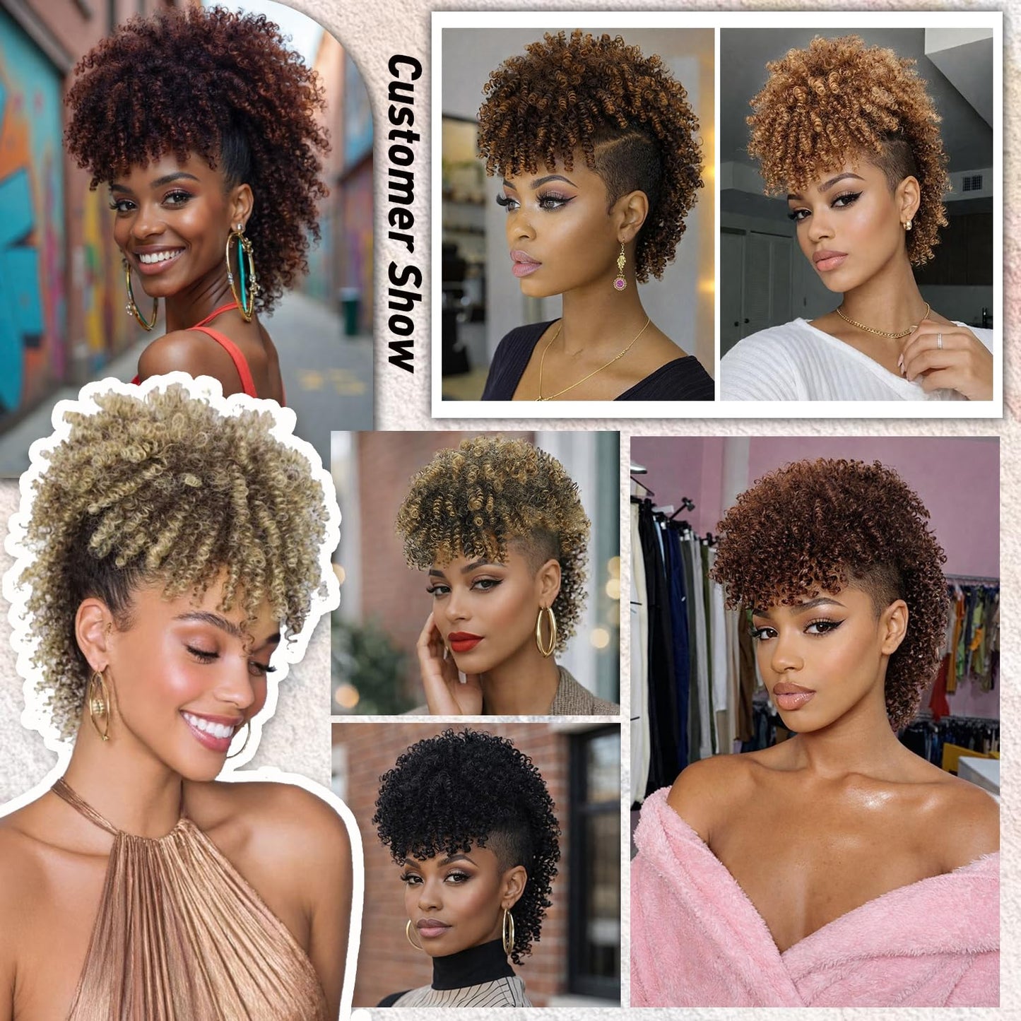 Kinky Curly Mohawk Wig - Natural Black & Brown Blonde Ponytail Extension | Short Synthetic Clip-In with Bangs & Fluffy Hair for Parties