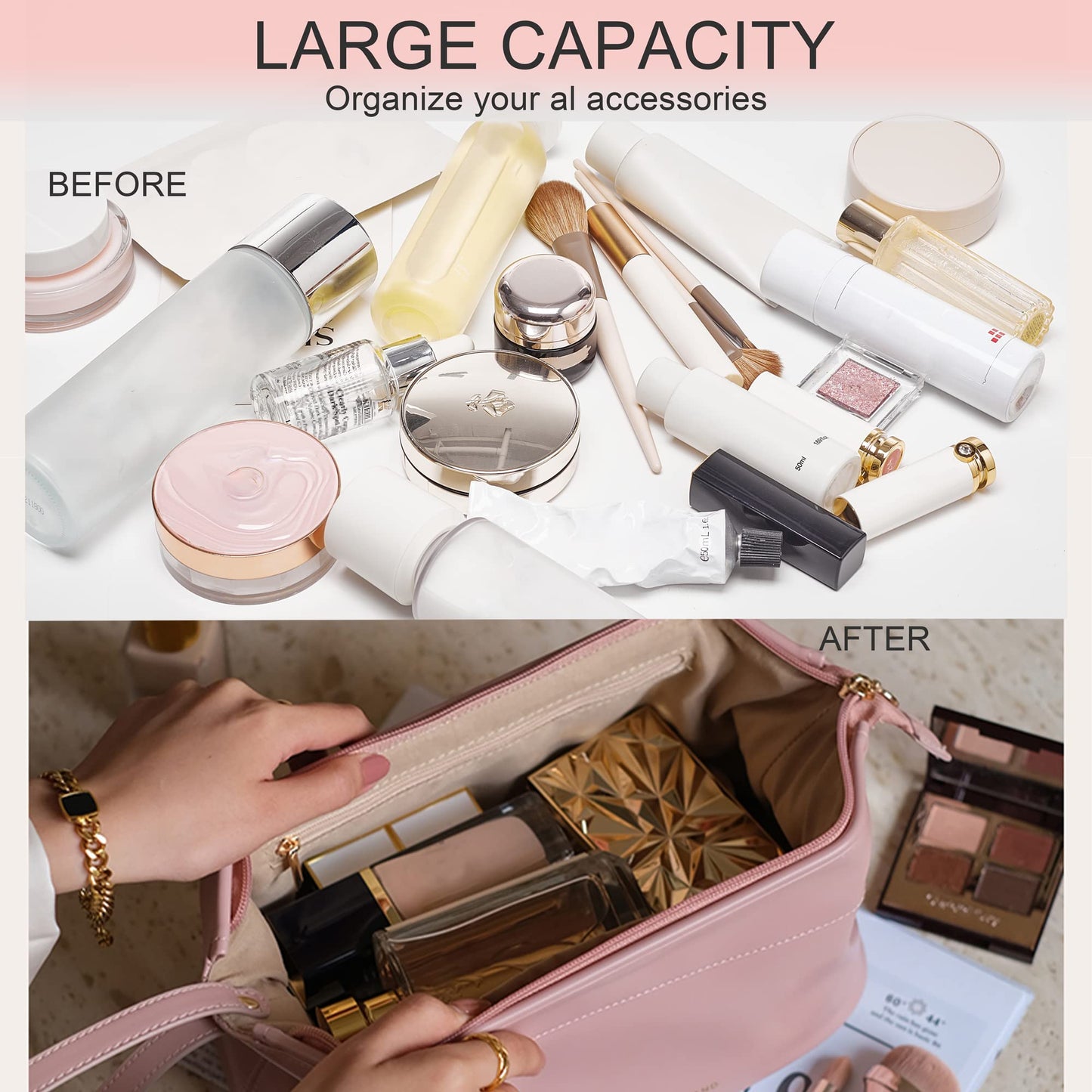 YOMOSPACE Large Makeup Bag, Double Layer Cosmetic Bag, Leather Make Up Bag with Brush Organizer, Portable Travel Makeup Bag, Makeup Organizer Bag Toiletry Bag for Women and Girls (Pink)