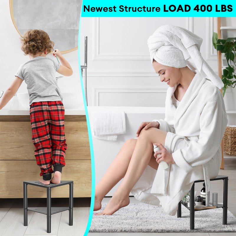 YAJONUE Shower Stool for Shaving Legs, Shower Step Stool for Inside Shower, Non-Slip Spa Shower Foot Rest Stool, Corner Bathroom Shower Bench Bath Seat with Storage Shelf for Small Shower Spaces