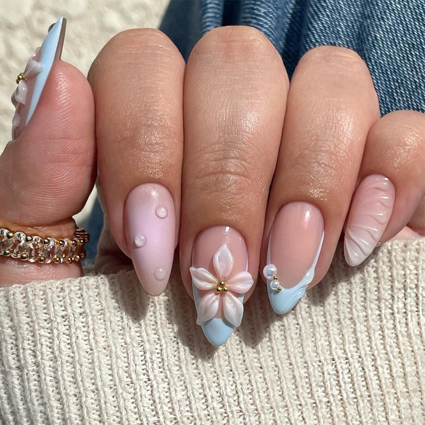 Press-On Nails - 24Pcs Pink Floral Almond Fake Nails with 3D Butterfly Designs | Medium Length, Full Cover