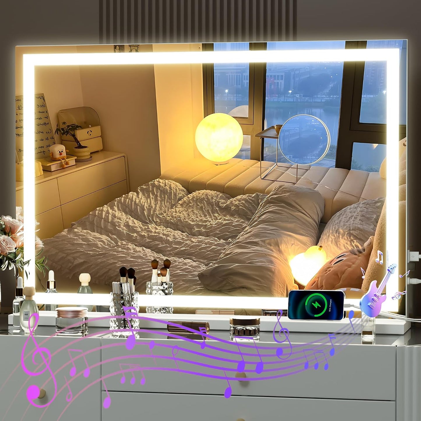 LED Makeup Mirror with Lights - 31.5" x 22" Dimmable Touch Screen Vanity Mirror | Round Black Design