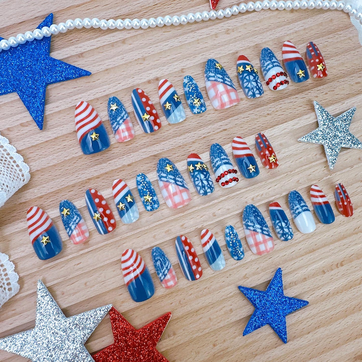 30Pcs 4th of July Press-On Nails - Medium Almond Acrylic Nails with Gold Star & Red Rhinestones | Patriotic Independence Day Design