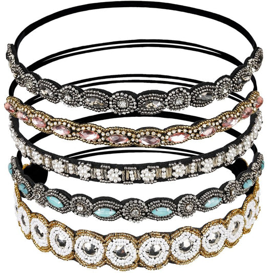 Teenitor 5pcs Hairbands for Women, 5 Rhinestone Beaded Headbands, Head Bands for Women's Hair Fashionable Handmade Crystal Beaded Elastic hairbands, 20-26.8"(51-68cm), 1 Count (Pack of 5), HAIRBAND