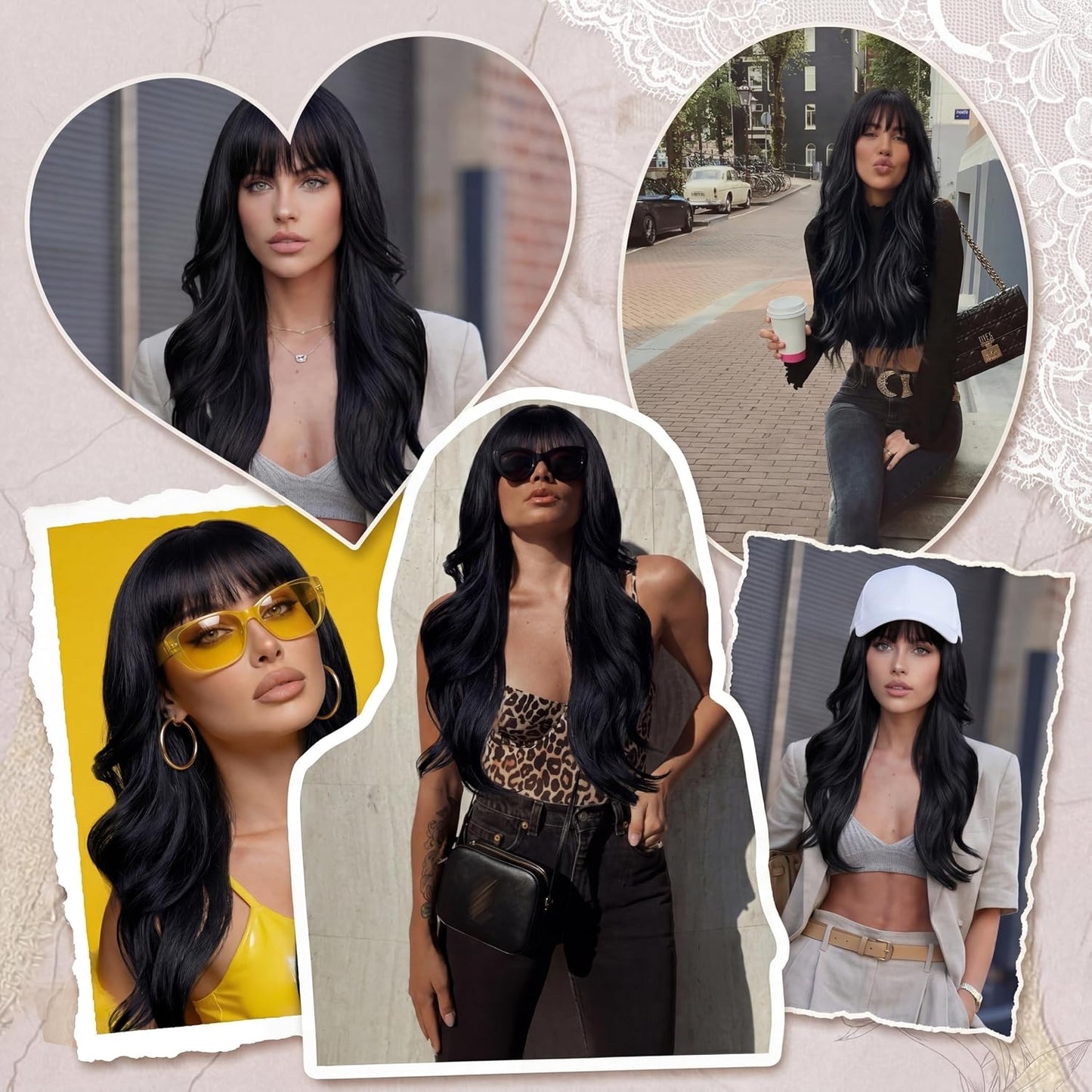 Long Black Wig with Bangs - Medium Length Wavy Layered Style | Heat Resistant Synthetic Hair (28 Inches)