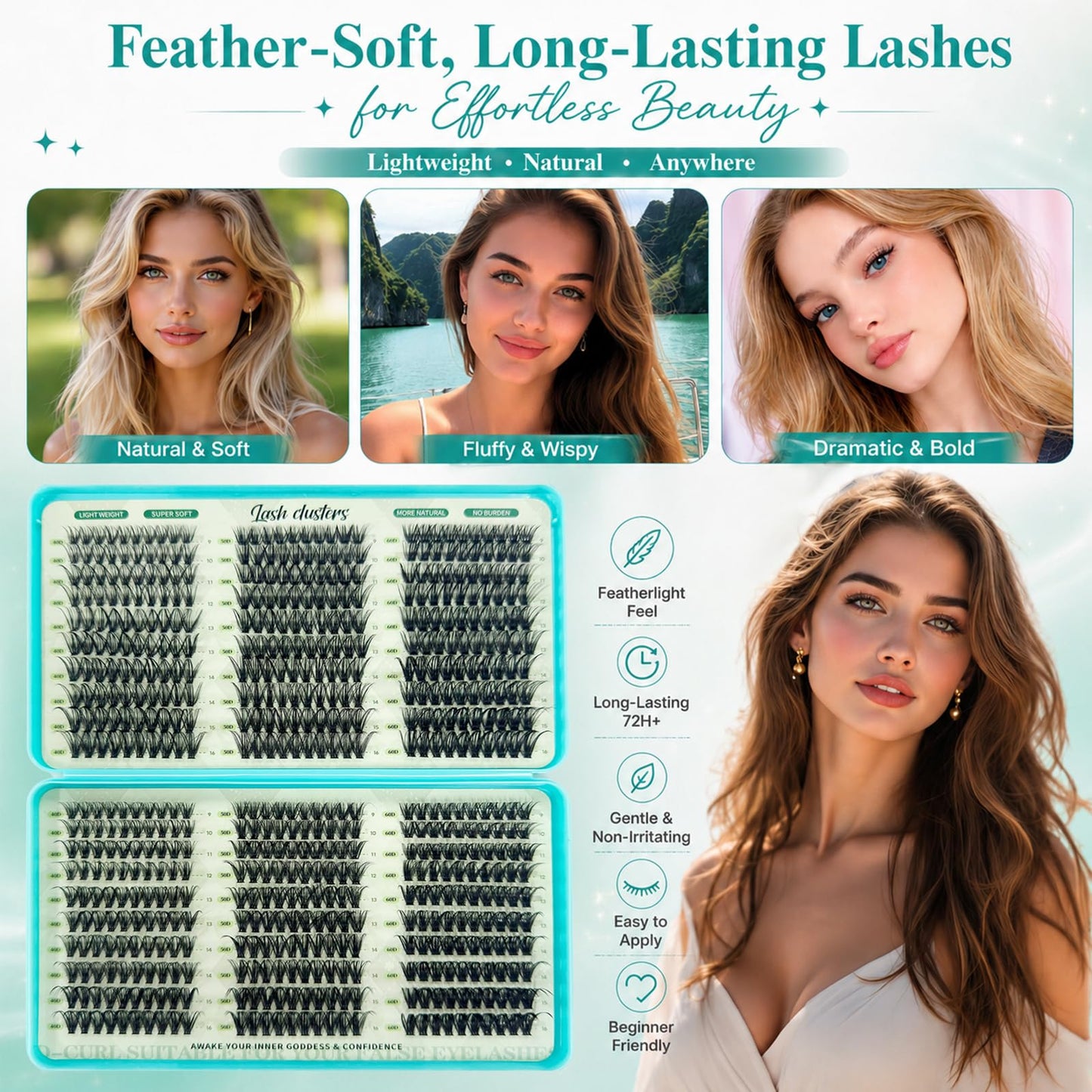 Lash Clusters, 600 Pcs Eyelashes Lash Clusters D Curl 9-16mm, Individual Fluffy False Eyelashes Extensions with Tools, Perfect for Daily Wear and Dating (40D+50D+60D)
