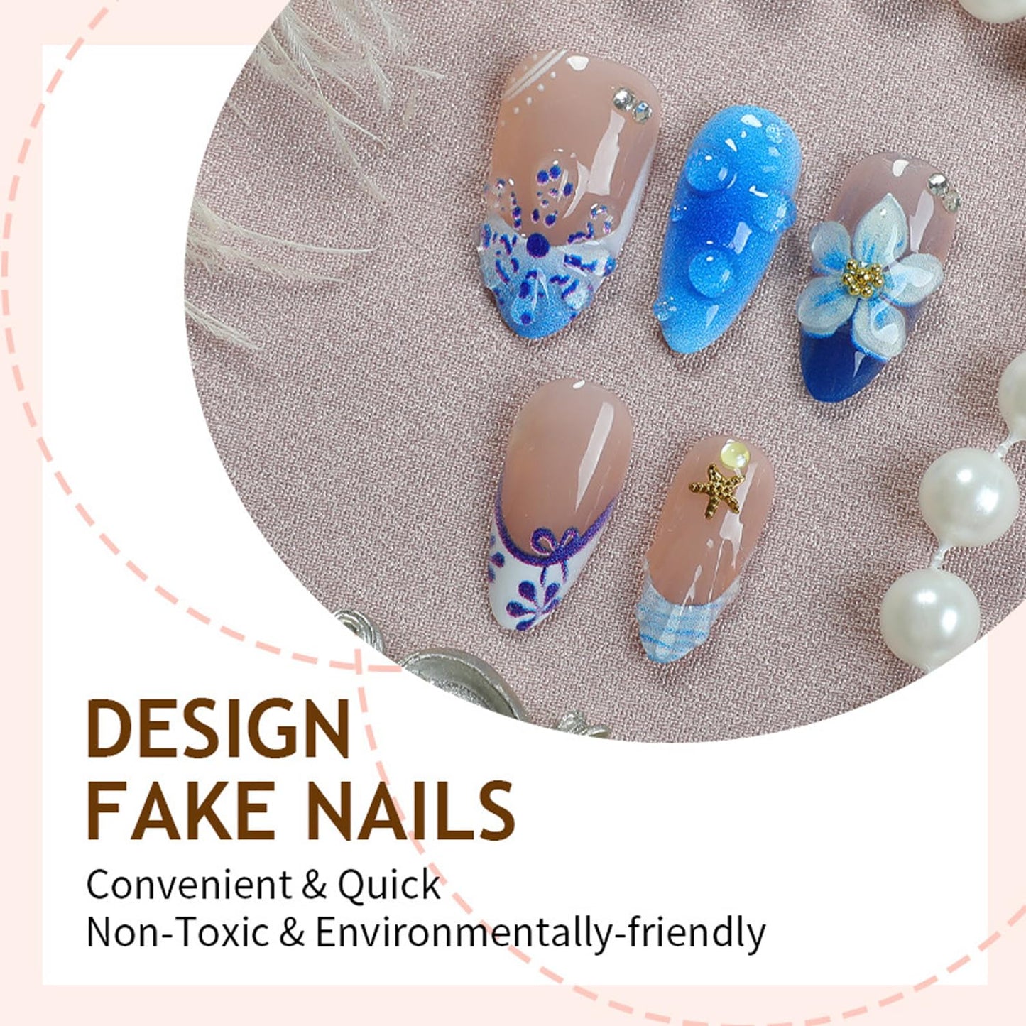 30Pcs Blue Flower Press on Nails Medium Almond Summer Beach Fake Nails with 3D Flowers Starfish Design French Nails Cute Stick on Nails Golden Beads Full Cover Manicure False Nail Tips for Women