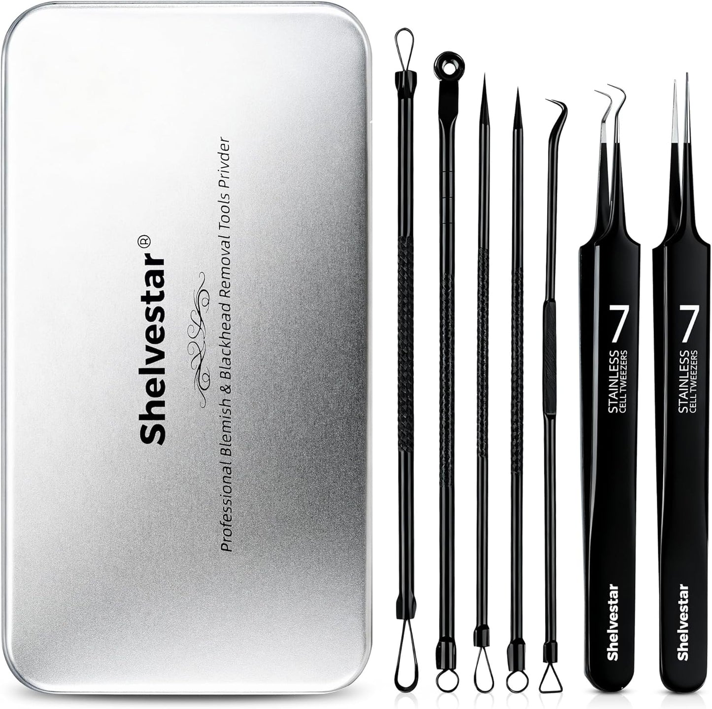Pimple Popper Tool Kit - 7 PCS Professional Stainless Steel Blackhead Remover | Comedone Extractor Tools for Face - Silver