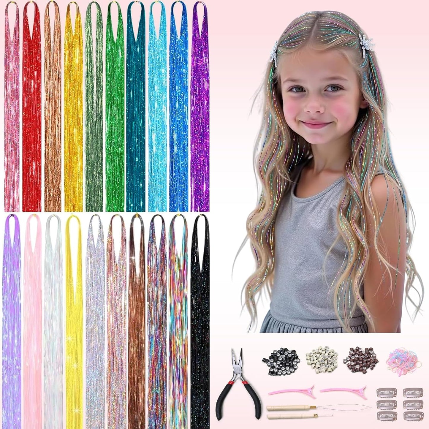 Hair Tinsel Kit - 20 Color Glitter Hair Extensions for Teens | Heat Resistant Fairy Hair Accessories (48 Inch)
