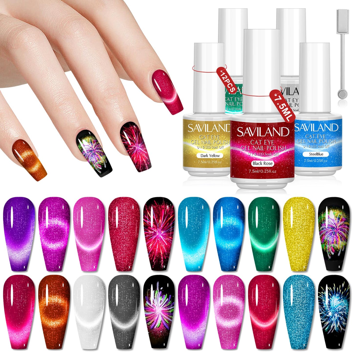 SAVILAND 12 Colors Crystal Cat Eye Gel Nail Polish Set: Glitter Shiny Dreamy Series with Double-head Magnetic Stick Reflective Disco 2025 Fall Gel Nail Polish Manicure DIY Nail Art Salon Home Gifts