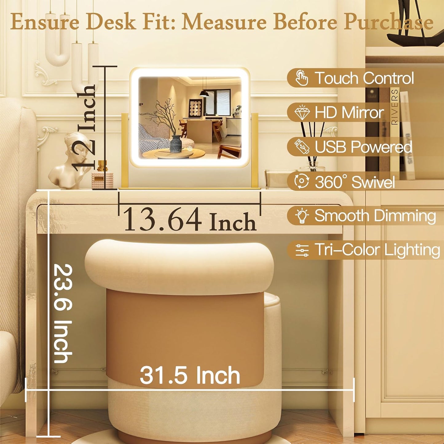 LED Vanity Mirror with Lights - 12" x 14" Small Gold Makeup Mirror | 360° Rotation, 3 Color Modes, Dimmable & Memory Function