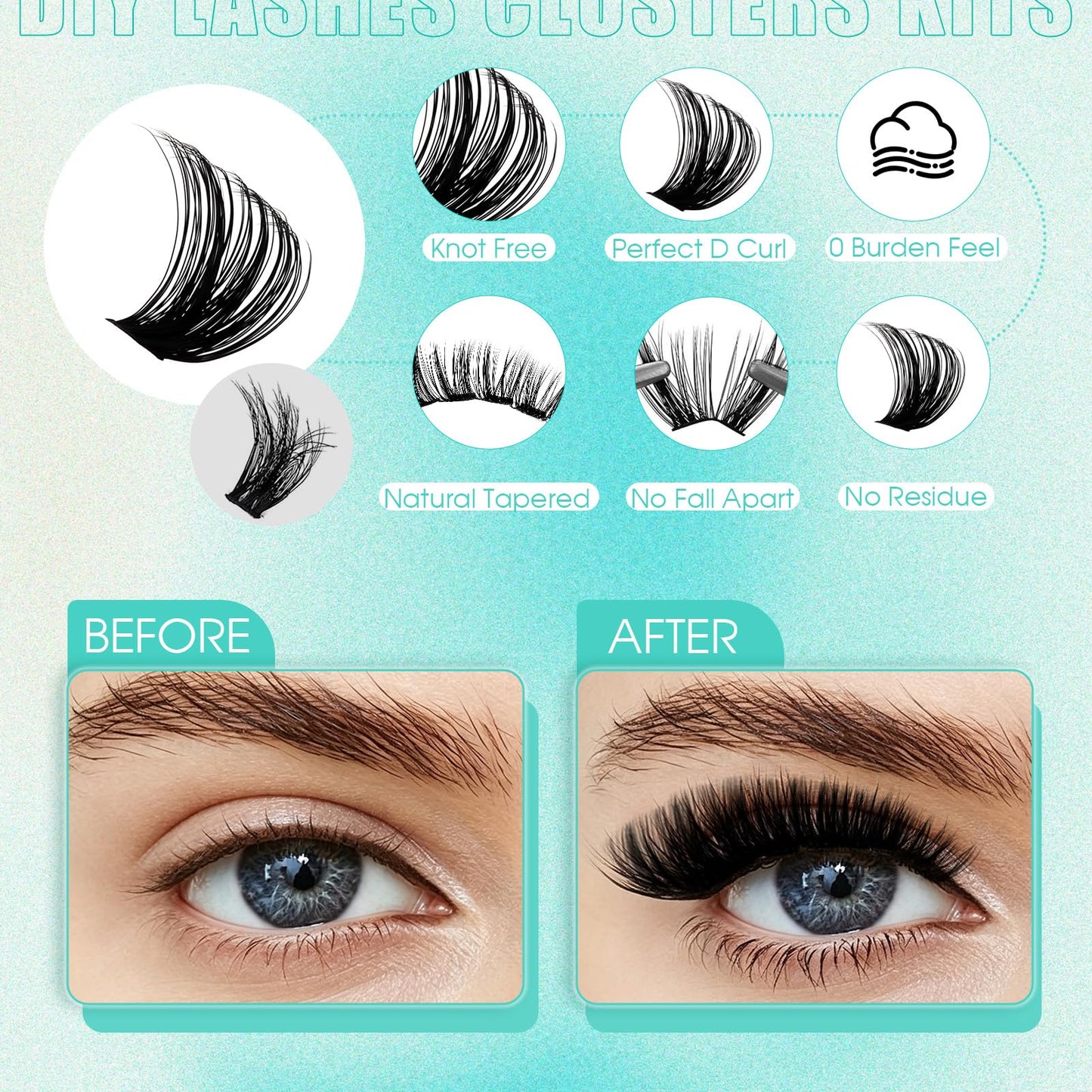 GEMERRY 924Pcs Lash Clusters Kit Fluffy Lash Clusters Eyelash Extension Kit with Waterproof Bond and Seal Remover Tweezers for Beginners（2X 80P+100P）