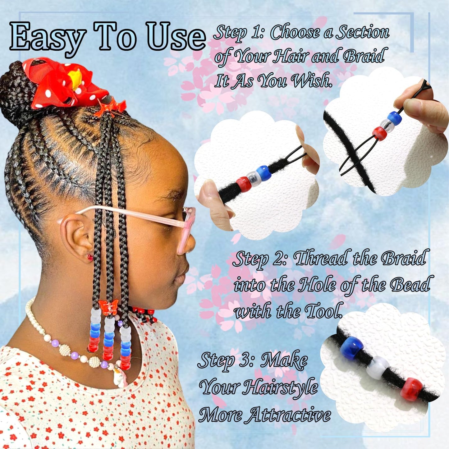 NAISKA 90Pcs Red Blue White Hair Beads for Kids Girls Cheer Hair Beads for Braids Cute Beads for Kids Hair Acrylic Gradient Dreadlock Beads Small Pony Beads Loc Beads Jewelry Accessories