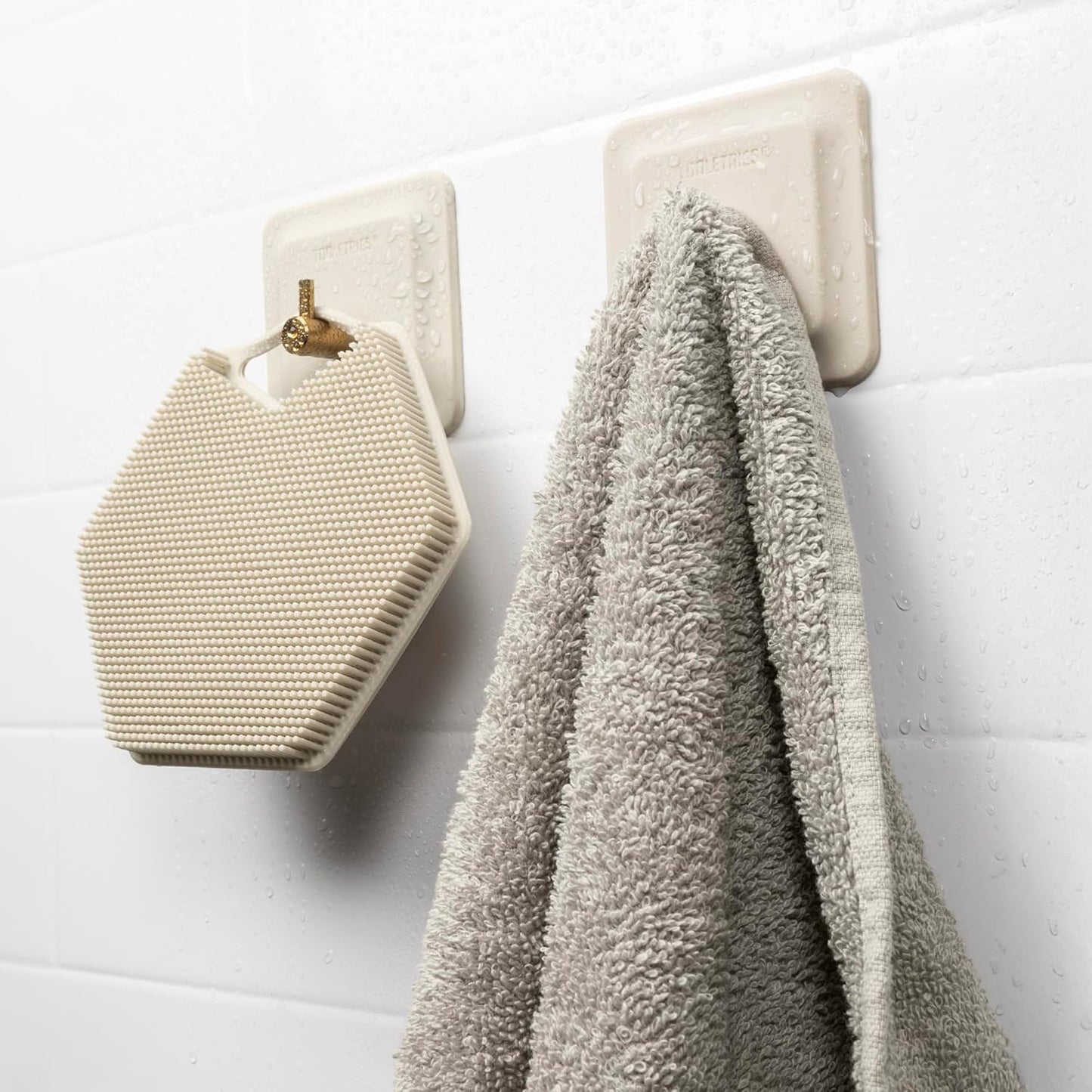 Arnold Silicone Shower Hooks - Waterproof Adhesive Bathroom Organizer for Razors & Loofahs | 2 Pack - Sand Color