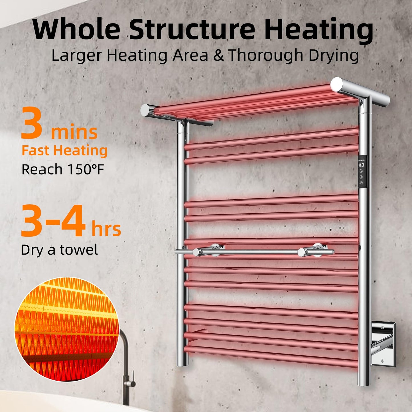 P&Dlusir E201T Heated Towel Rack with Top Shelf, Polished