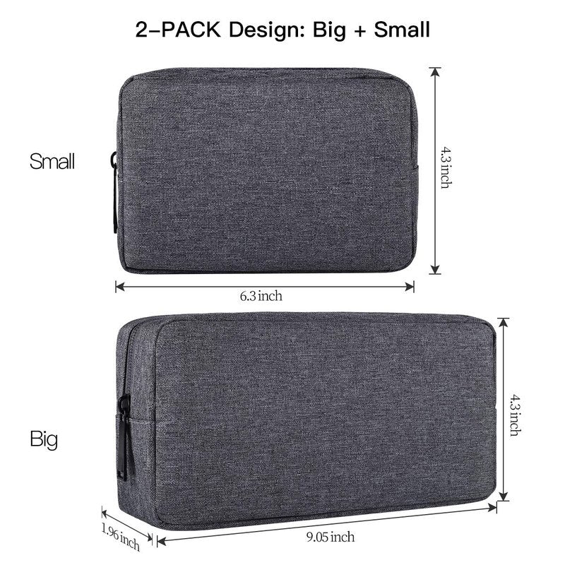 Universal Electronics Accessories Carrying Case, 2PCS Big + Small Portable Storage Pouch, Cosmetic Bag, Cable Organizer Compatible Hard Drive, Mouse, Power Bank, Adapter, Cellphone, Space Gray