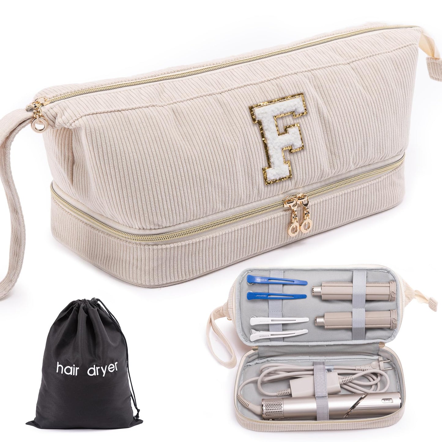 ELCUPA Initial Personalized Hair Dryer Case, Double-Layer Hair Tools Travel Carrying Case for Shark FlexStyle, Dyson Airwrap, and Supersonic Hair Dryer Attachments