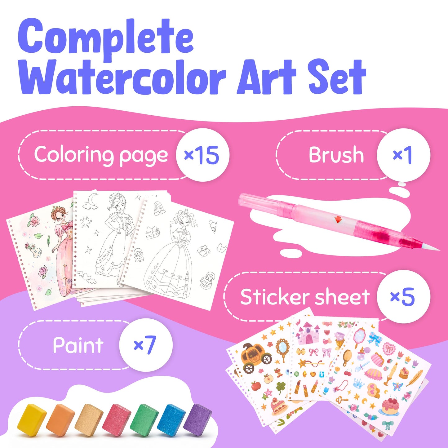 JoyCat Mix & Match Paint with Water Coloring Books, Watercolor & Sticker Activities - 150 Pcs Stickers for Kids Ages 3-8, Toddler Painting Sets Art & Craft Drawing Toy Gifts for Boys Girls (Princess)