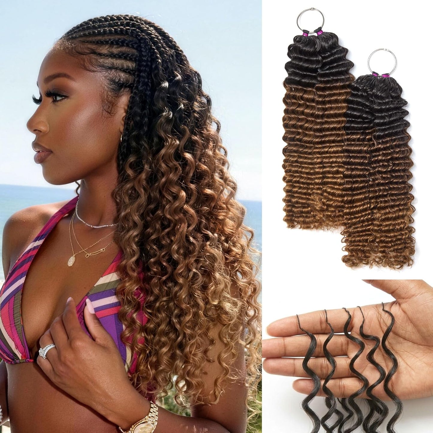Deep Wave Crochet Hair Extensions for Black Women - 16 Inch, Balayage Brown, Pre-Separated & Lightweight, Tangle-Free