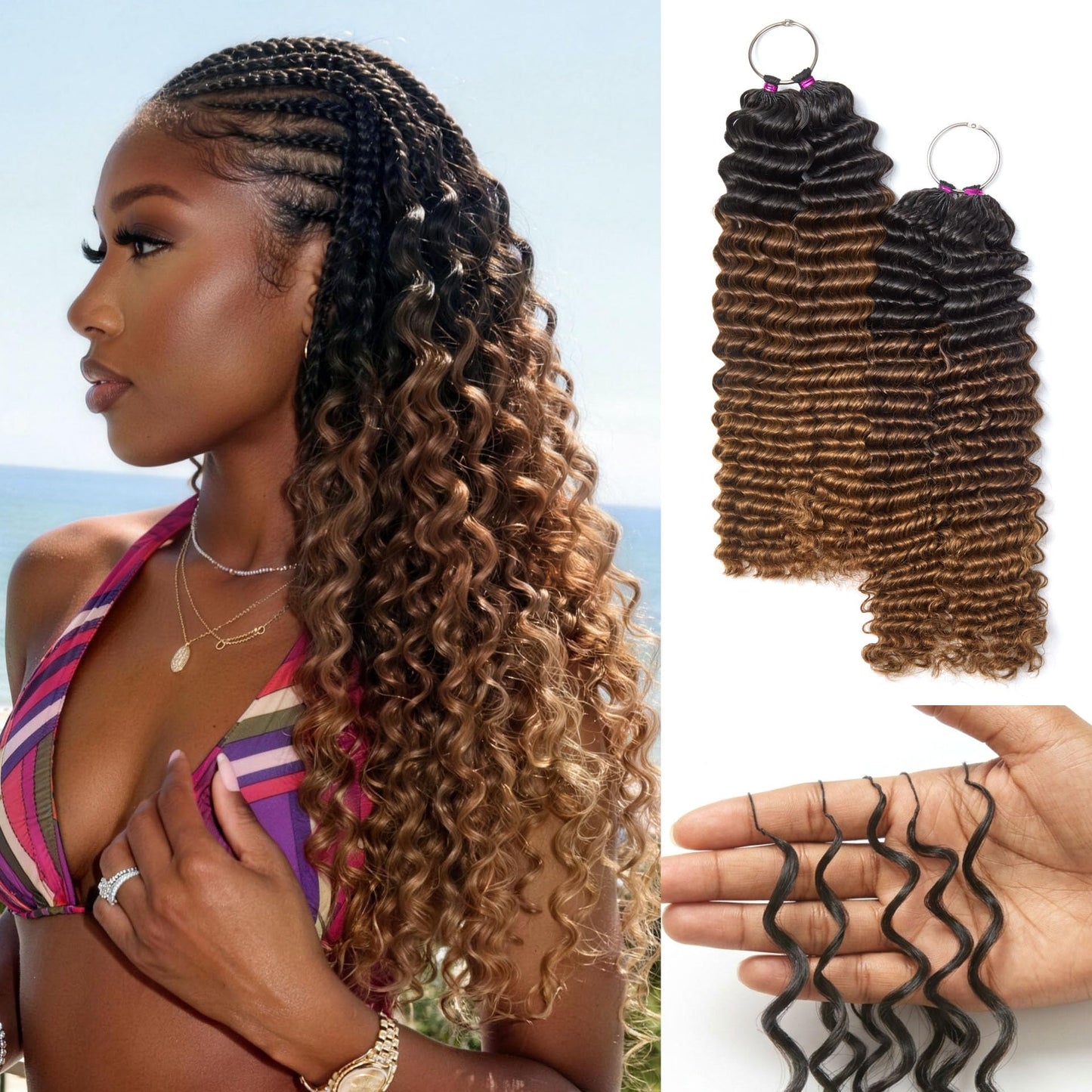 LUVME Deep Wave Crochet Hair 2 Pack, 16 Inch 260g About 200 Strands, Pre-Separated & Pre-Fluffed Human Crochet Hair Extensions, Balayage Brown, Full Volume, Lightweight & Tangle-Free