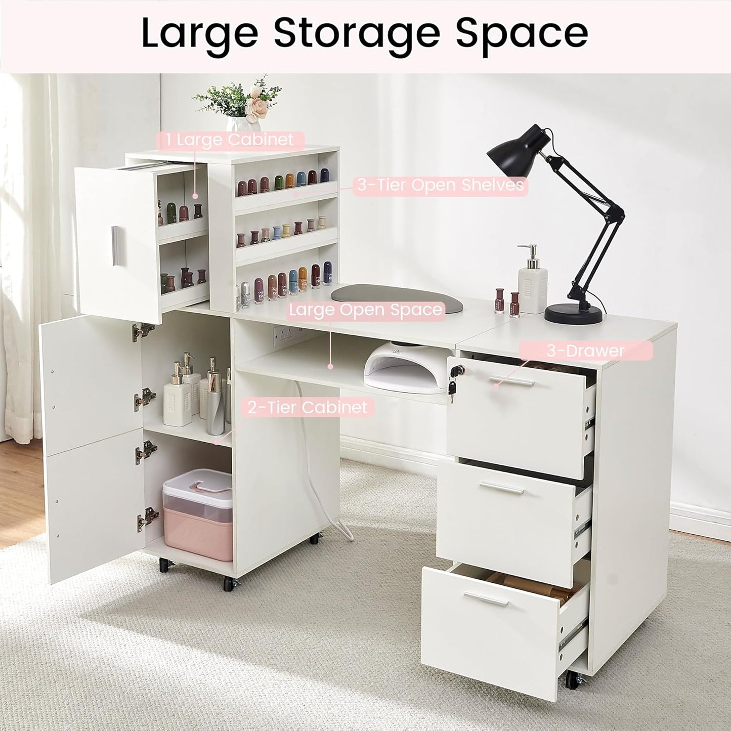 Manicure Table - 56 Inch Nail Desk with 3 Cabinets, 3 Drawers & Power Outlet | Professional Salon Workstation