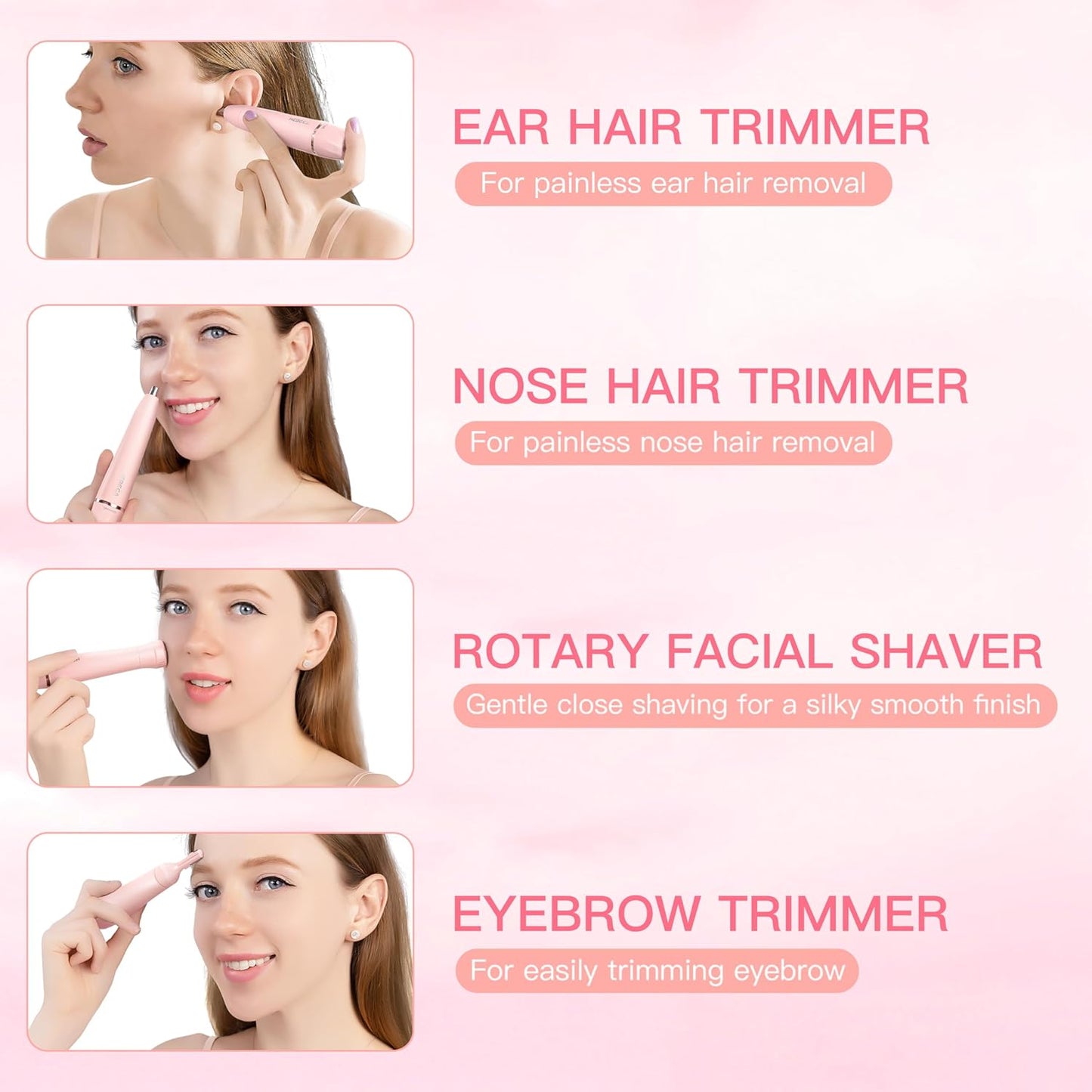 Nose Hair Trimmer for Women - 3-in-1 Electric Facial Hair Removal | Waterproof Rechargeable Eyebrow & Nose Shaver - Pink FT3001